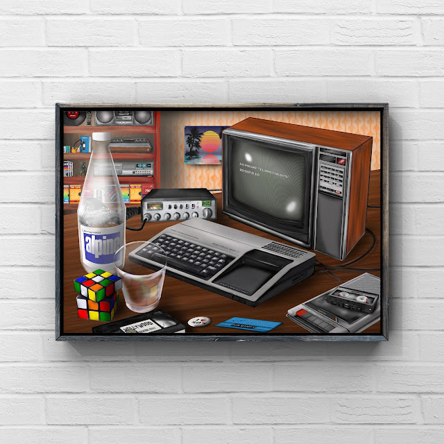 untidy 1980s computer desk filled with retro technology artwork by Mark Taylor